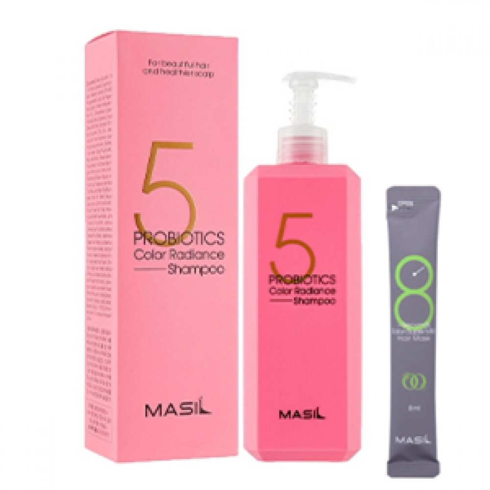 Masil Шампунь для защиты цвета 5 Probiotics Color Radiance с пробиотиками, 500 мл + Маска для объема волос 8 seconds Salon Supermild Hair Mask, 8 мл