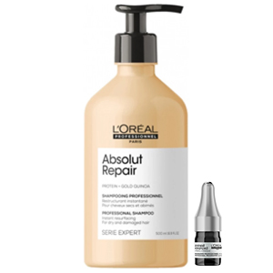 L'Oreal Шампунь для восстановления поврежденных волос ABSOLUT REPAIR, 500 мл + Программа ухода от выпадения волос Aminexil Ampoules, 1 шт 