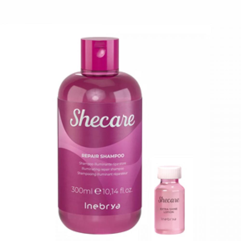 Inebrya Шампунь бессульфатный восстанавливающий SHECARE, 300 мл + Лосьон кондиционирующий для блеска поврежденных и тусклых волос SHECARE, 1 шт