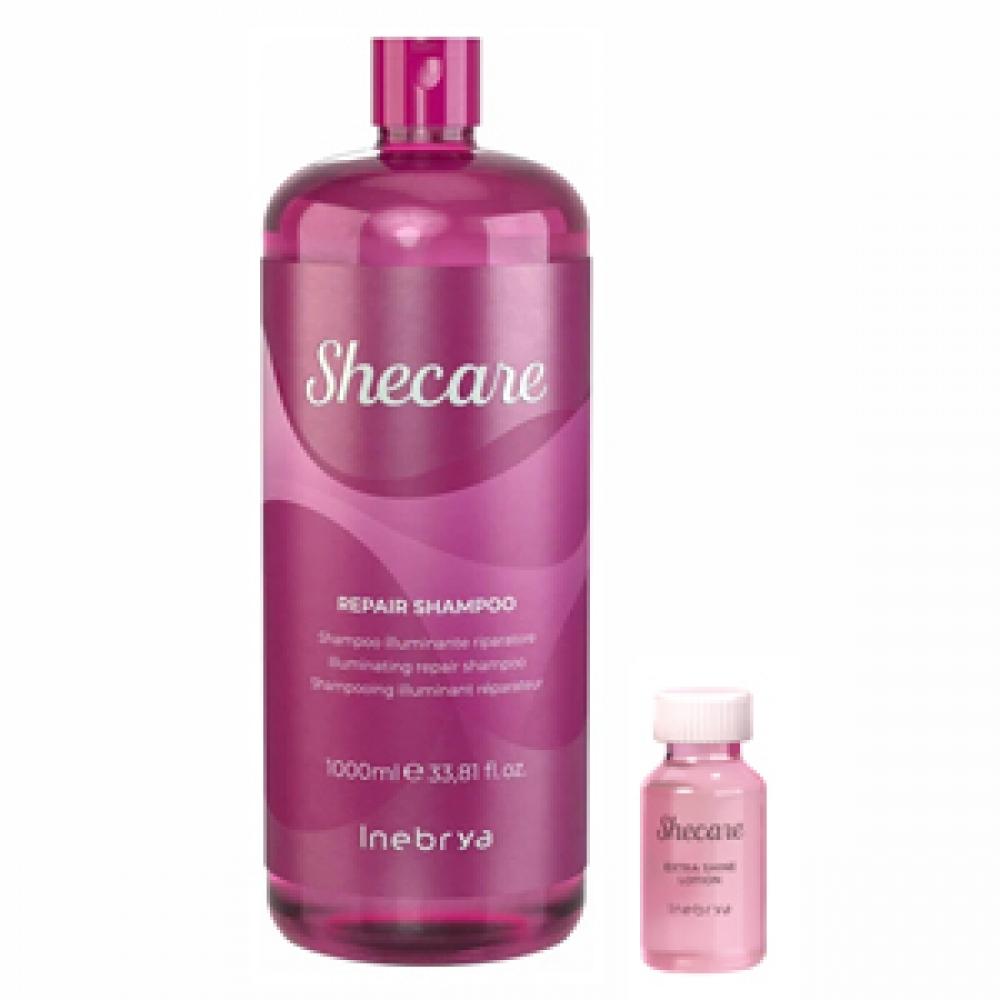 Inebrya Шампунь бессульфатный восстанавливающий SHECARE, 1000 мл + Лосьон кондиционирующий для блеска поврежденных и тусклых волос SHECARE, 1 шт